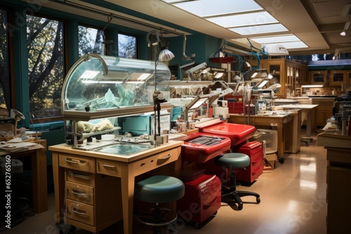 Dental lab filled with precision tools and equipment for prosthetic fabrication, Generative AI