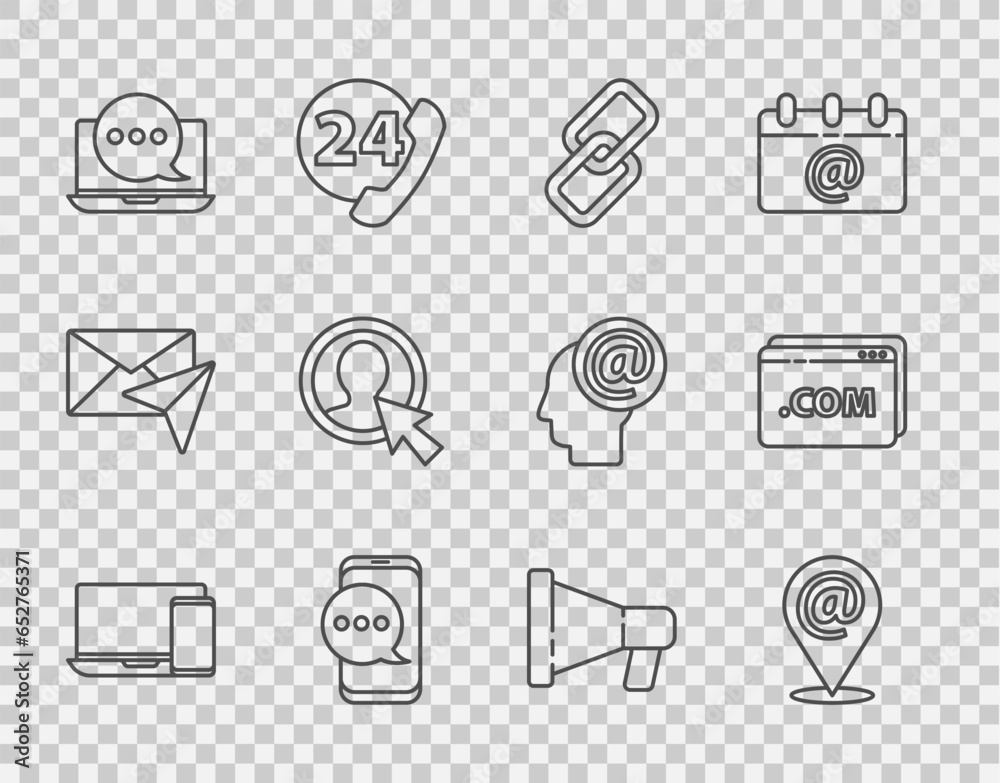 Set line Monitor and phone, Location mail e-mail, Chain link, Chat messages notification, laptop, Create account screen, Megaphone and Website template icon. Vector Set line Monitor and phone, Location mail e-mail, Chain link, Chat messages notification, laptop, Create account screen, Megaphone and Website template icon. Vector