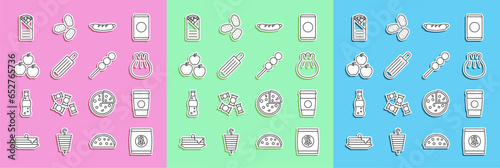 Set line Hard bread chucks crackers, Coffee cup to go, Khinkali on cutting board, Hotdog sandwich, French hot, Apple, Doner kebab and Meatballs wooden stick icon. Vector