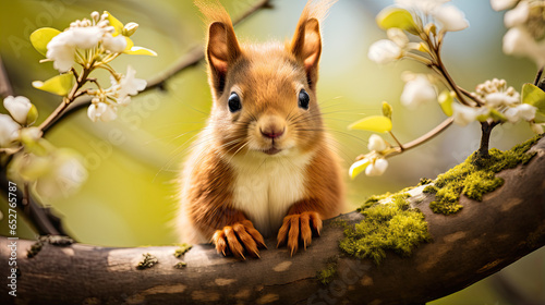 Red squirrel perched on a tree in a springtime park.