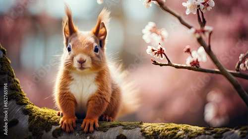 Red squirrel perched on a tree in a springtime park. photo