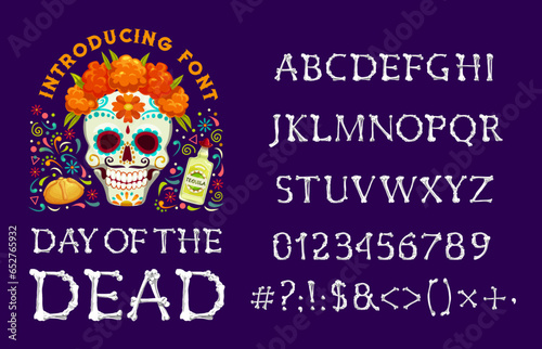 Skeleton bones font, Halloween type and Day of Dead typeface with human bones, vector English alphabet. Mexican Dia de Los Muertos font and text signs with skeleton bones letters for ABC typeface