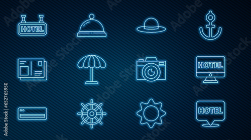 Set line Location hotel, Online booking, Elegant women hat, Sun protective umbrella for beach, Passport with visa stamp, Signboard text Hotel, Photo camera and service bell icon. Vector