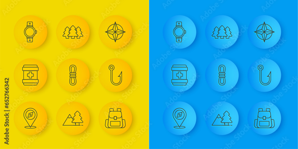 Set line Compass, First aid kit, Climber rope, Hiking backpack, Fishing hook, Smartwatch, Wind rose and Forest icon. Vector