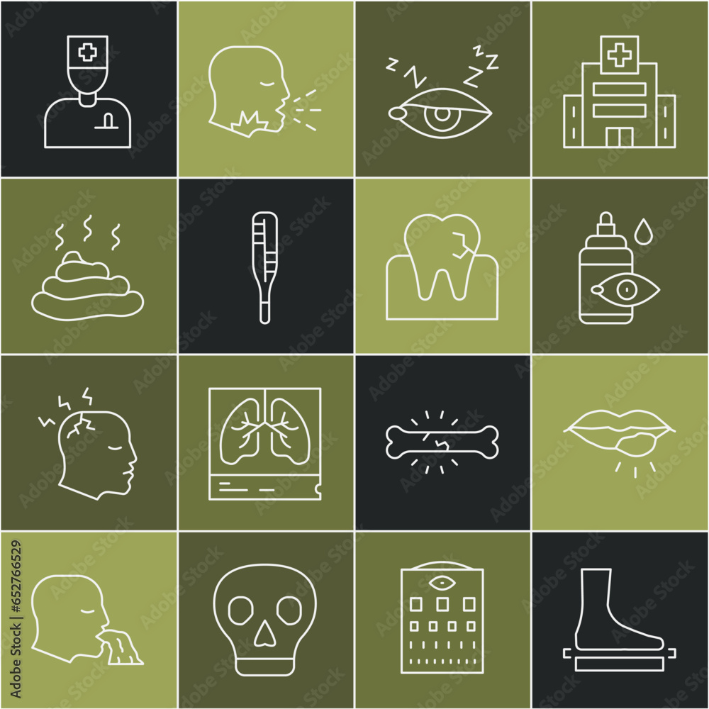 Set line Flat foot, Herpes lip, Eye drop bottle, Insomnia, Medical thermometer, Shit, Male doctor and Tooth with caries icon. Vector Set line Flat foot, Herpes lip, Eye drop bottle, Insomnia, Medical thermometer, Shit, Male doctor and Tooth with caries icon. Vector
