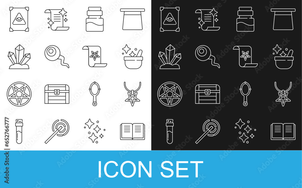 Set line Ancient magic book, Pentagram on necklace, Witch cauldron, Bottle with potion, Eye, Magic stone, and icon. Vector