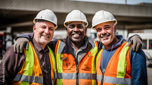 smiling construction workers wearing uniforms