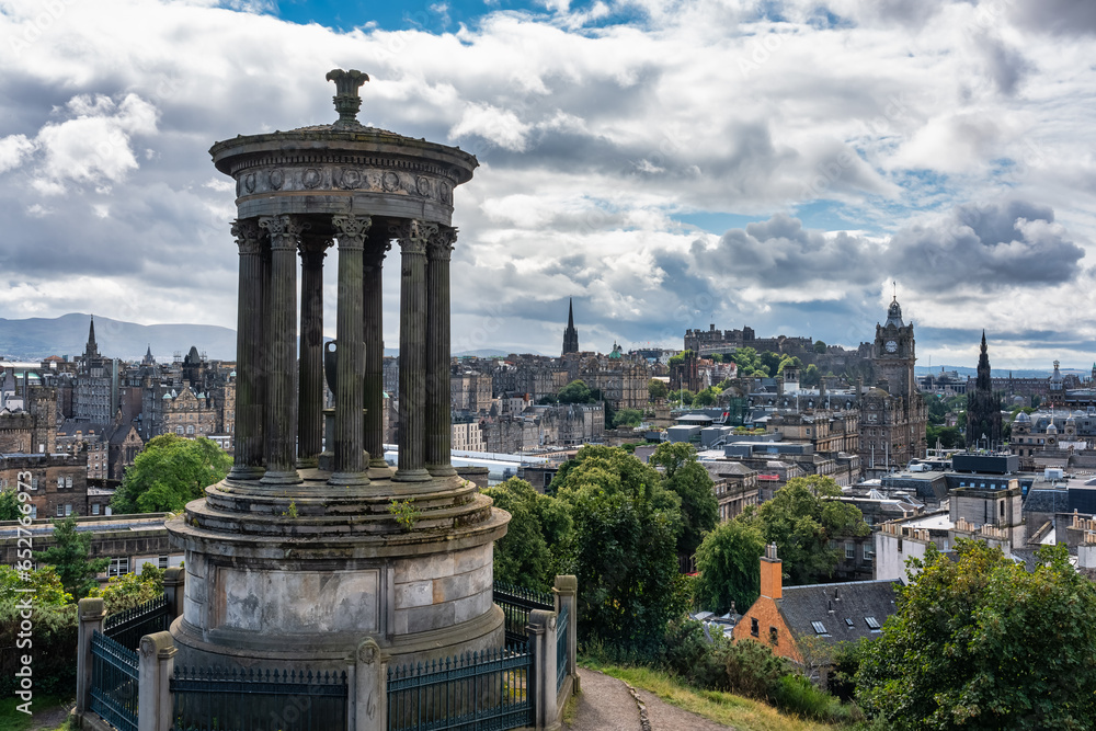 Monuments on Calton Hill overlooking the city of Edinburgh, Scotland.