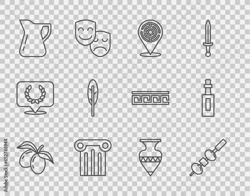Set line Olives branch, and cheese on chopstick, Minotaur labyrinth, Ancient column, Bottle of olive oil, Feather pen, amphorae and icon. Vector