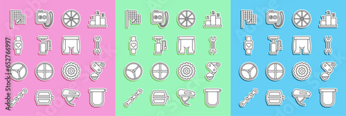 Set line Bicycle lock, Derailleur bicycle rear, Wrench spanner, wheel, air pump, Smart watch, Checkered flag and Cycling shorts icon. Vector