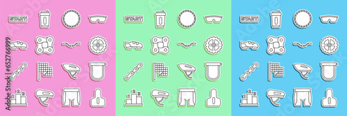 Wallpaper Mural Set line Bicycle seat, lock, sprocket crank, wheel, chain, shoes, Ribbon finishing line and handlebar icon. Vector Torontodigital.ca