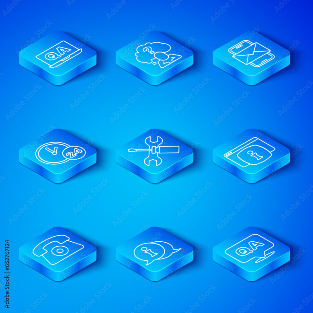 Set line Telephone 24 hours support, Screwdriver and wrench spanner, Information, Monitor with FAQ information, Mobile envelope, Clock, Question Answer and icon. Vector Set line Telephone 24 hours support, Screwdriver and wrench spanner, Information, Monitor with FAQ information, Mobile envelope, Clock, Question Answer and icon. Vector