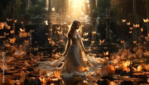 a woman in a long dress, a tender and beautiful girl relaxes in an autumn fantastic location. Made in AI 