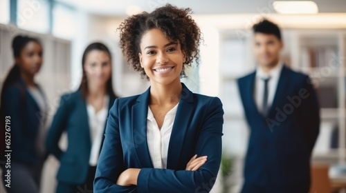 Portrait of black woman in the office with confidence with a team of lawyers for legal project in workplace, Leadership.