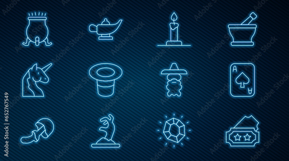 Set line Ticket, Playing cards, Burning candle candlestick, Magic hat, Unicorn, Witch cauldron, Wizard warlock and lamp Aladdin icon. Vector Set line Ticket, Playing cards, Burning candle candlestick, Magic hat, Unicorn, Witch cauldron, Wizard warlock and lamp Aladdin icon. Vector