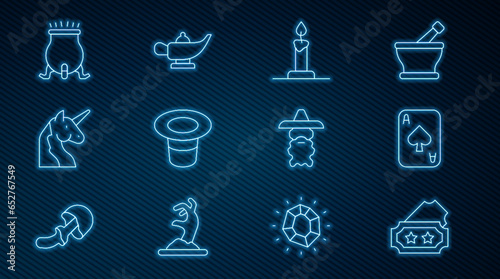 Set line Ticket, Playing cards, Burning candle candlestick, Magic hat, Unicorn, Witch cauldron, Wizard warlock and lamp Aladdin icon. Vector