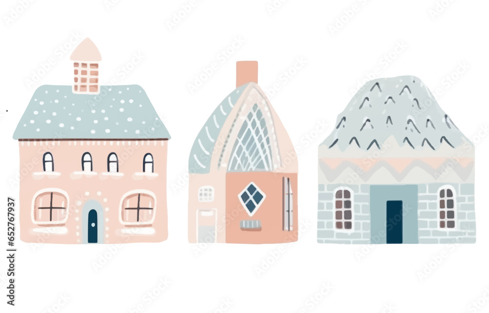 Cute watercolor buildings. Set of watercolor european houses. Trendy childish illustration
