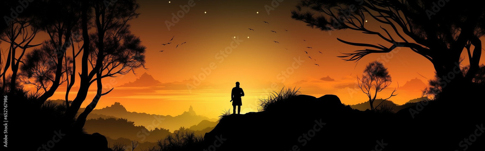 The silhouette of a man staring into the sunset. AI Generated