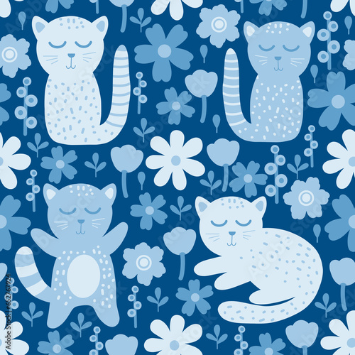 Cute cat seamless pattern. Hand drawn blue cats and flowers on dark blue background.  Children’s allover print with animals. Kid fashion raster backdrop