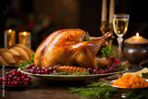 traditional Thanksgiving feast with a golden roasted turkey, stuffing, cranberry sauce, and all the trimmings - Generative AI
