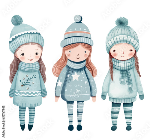Set of funny girls in winter. Hand drawn girls in fairy tale scandi style. Winter clothes.