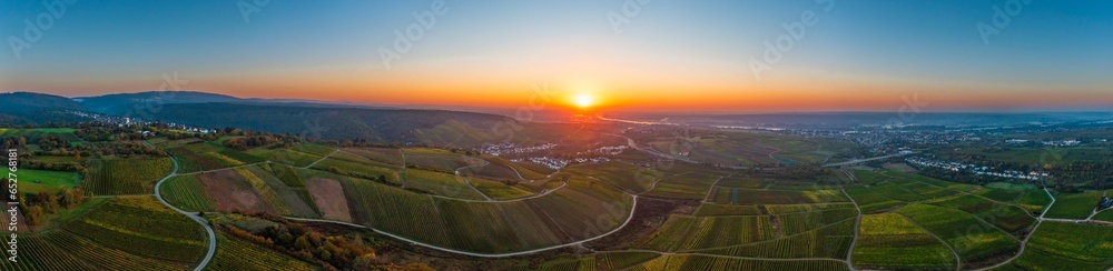 Panoramic bird's eye view of the vineyards near Eltville/Germany in autumn and the Rhine with morning mist in backlight - obrazy, fototapety, plakaty 