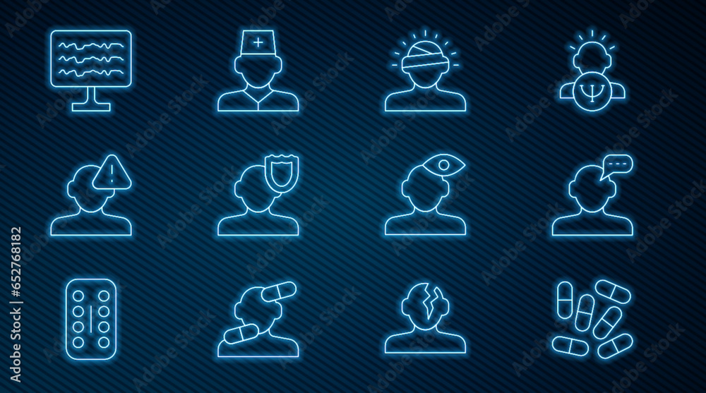 Set line Medicine pill or tablet, Online psychological counseling, Concussion, headache, Psychology, Finding problem psychology, Encephalogram, Solution and Male doctor icon. Vector Set line Medicine pill or tablet, Online psychological counseling, Concussion, headache, Psychology, Finding problem psychology, Encephalogram, Solution and Male doctor icon. Vector