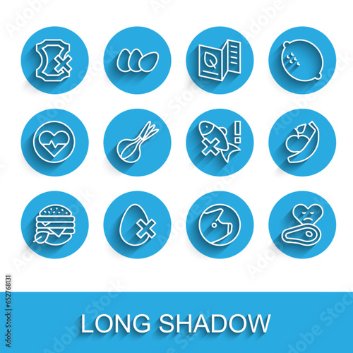 Set line Vegan food diet, No egg, leather, Pig, Steak meat, Onion, Apple and banana and fish icon. Vector