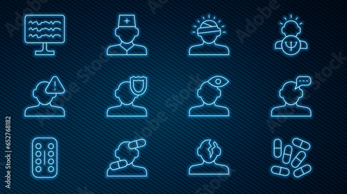 Set line Medicine pill or tablet, Online psychological counseling, Concussion, headache, Psychology, Finding problem psychology, Encephalogram, Solution and Male doctor icon. Vector