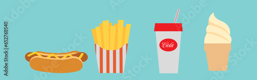 Vector illustration of a group of fast food products. fast food items-hamburger, fries, hotdog,drink