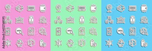 Set line NFT Digital crypto art, Binary code, blockchain technology, and Cyber security icon. Vector