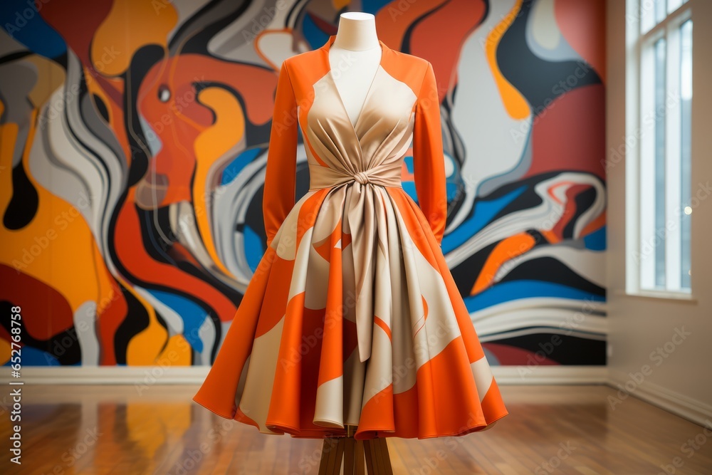 Mod style mini dress with bold colorful prints, Generative AI Mod style mini dress with bold colorful prints, Generative AI