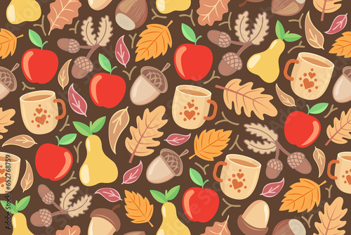 Seamless autumn pattern with mugs, leaves, acorns, and fruits.
