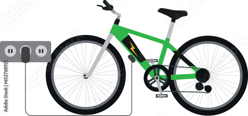Vector illustration of a modern electric bicycle charging it's batteries with wall outlet plug wire