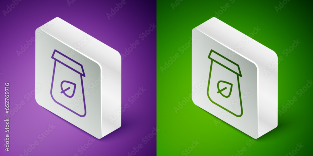 Isometric line Tea packaging icon isolated on purple and green background. Paper bag with tea. Silver square button. Vector Isometric line Tea packaging icon isolated on purple and green background. Paper bag with tea. Silver square button. Vector