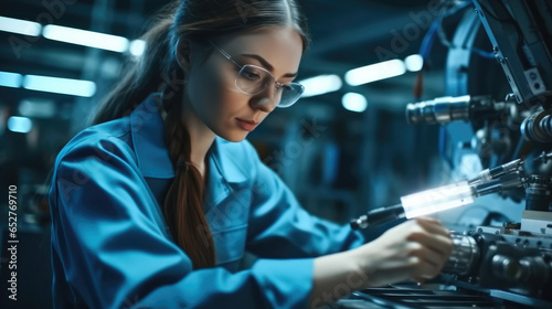 Confident woman worker skillfully operating high-tech machinery in a modern automotive manufacturing at factory