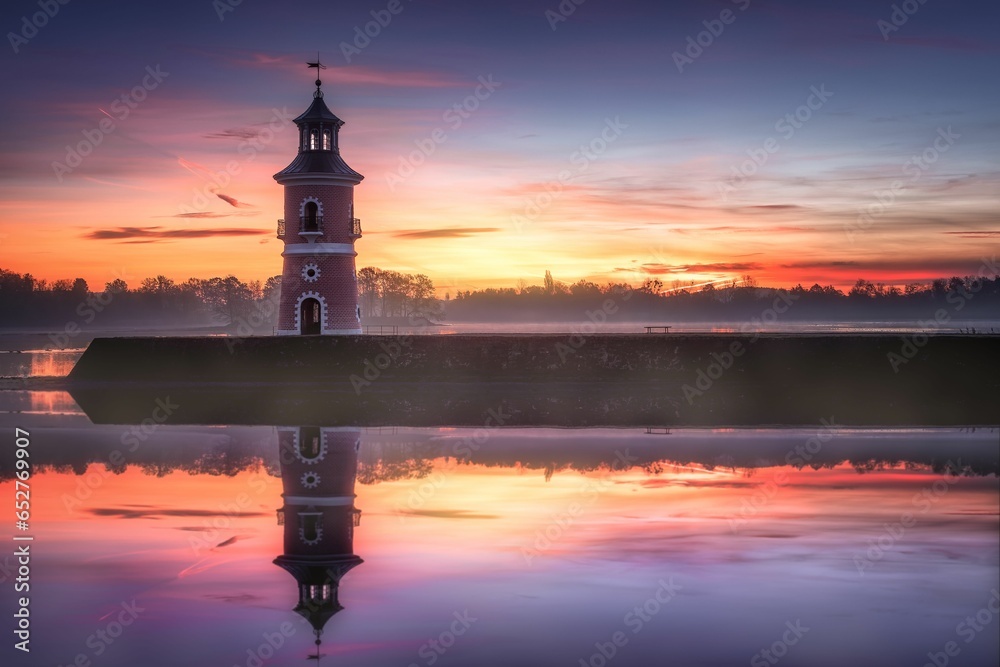 Reflection of Leuchtturm historical landmark and cultural property in Moritzburg, Germany at sunset