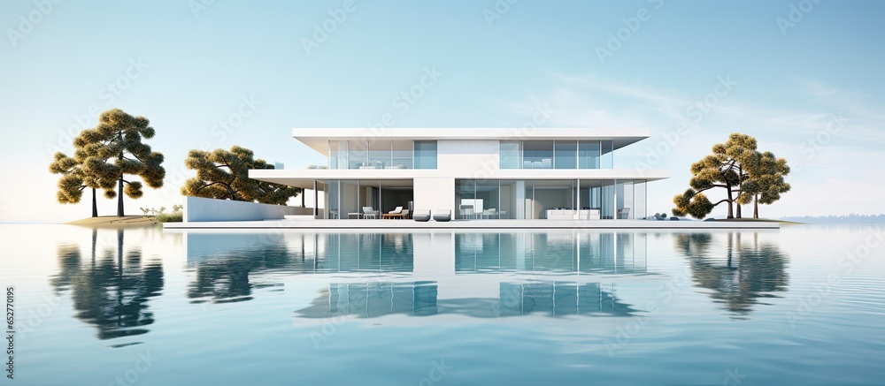Minimal modern house with pool and water reflection in 3D