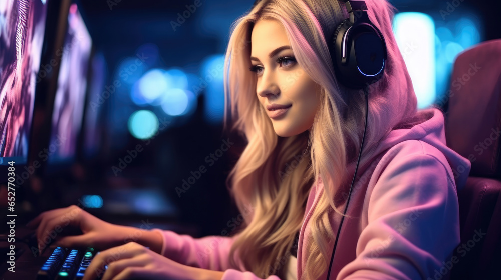 Professional streamer girl gamer playing online games computer at home.