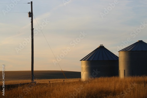 Huge grain storage silos in a field covered in the grass under the sunlight in the countryside