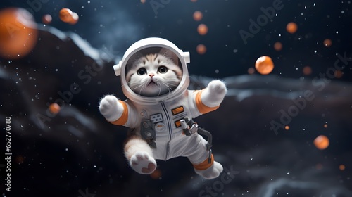 Cute little cat in space wearing spacesuit. Exploration concept