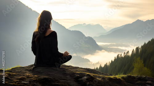 Young woman sitting on the mountain and meditating, meditation and yoga on top of mountain, relaxing beautiful landscape, sunset, sunrise and scenery. © Mrt