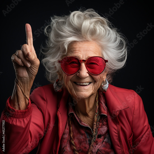 Siegessichere ältere Dame zeigt nach oben photo