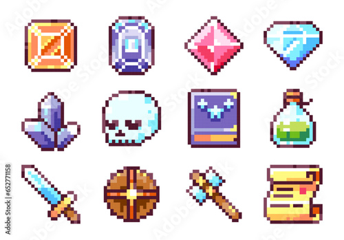 Pixel Art Y2K Adventure Set. 8bit Weapons, Gems, Magic, Enemies - Sword, Shield, Hammer, Monster, Potion. Retro Arcade Game Icons, Stickers, Sprites and Avatars.