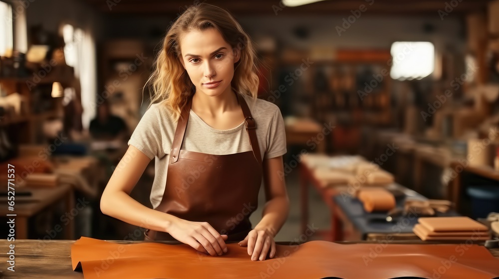 Young woman working in the leather workshop.