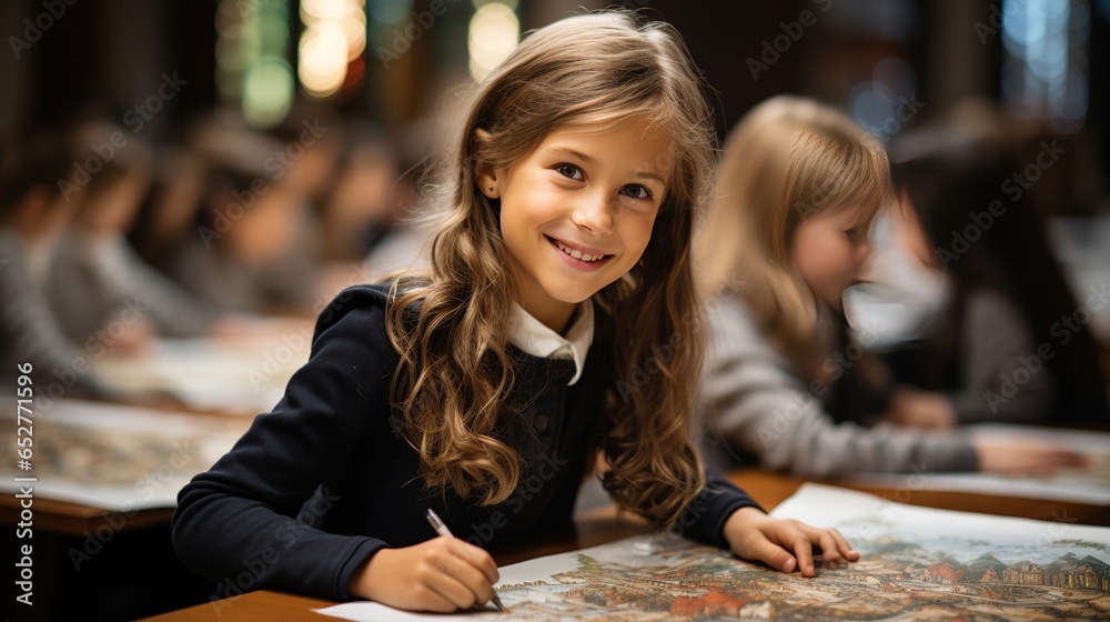 Fototapeta premium Happy schoolgirl study in school class