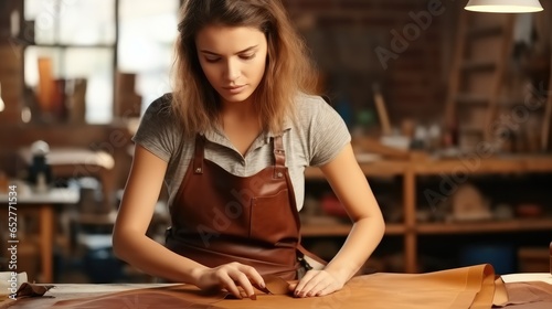 Woman making leather products in the workshop.