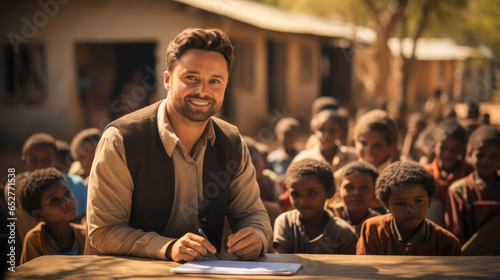 Volunteer teacher teaching students at outdoor classroom of a primary school in Africa.