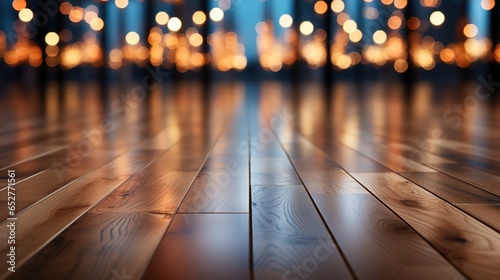 Blur wooden floor with Christmas lights in the background