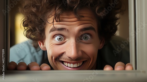 A man with a crazy smile secretly spies on someone